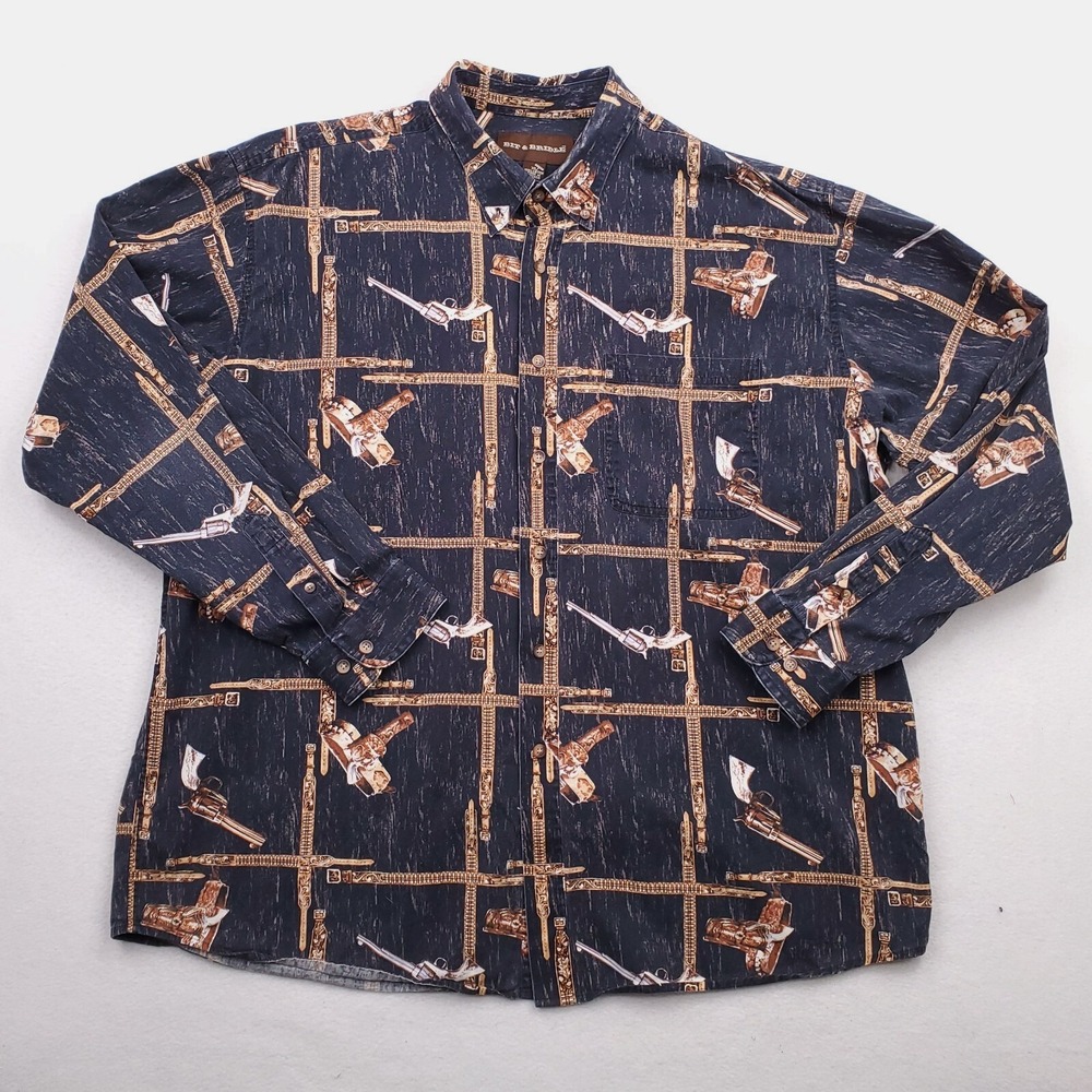 Bit &‎ Bridle Shirt Mens XL Black Revolver Plaid Guns Cowboy Western Button Down
